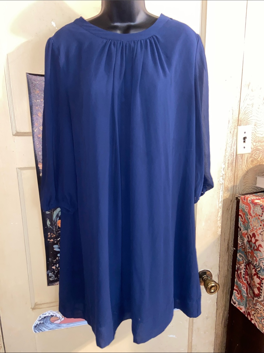 NAVY BLUE SHEATH DRESS EVA MENDES Sheer Long Sleeves